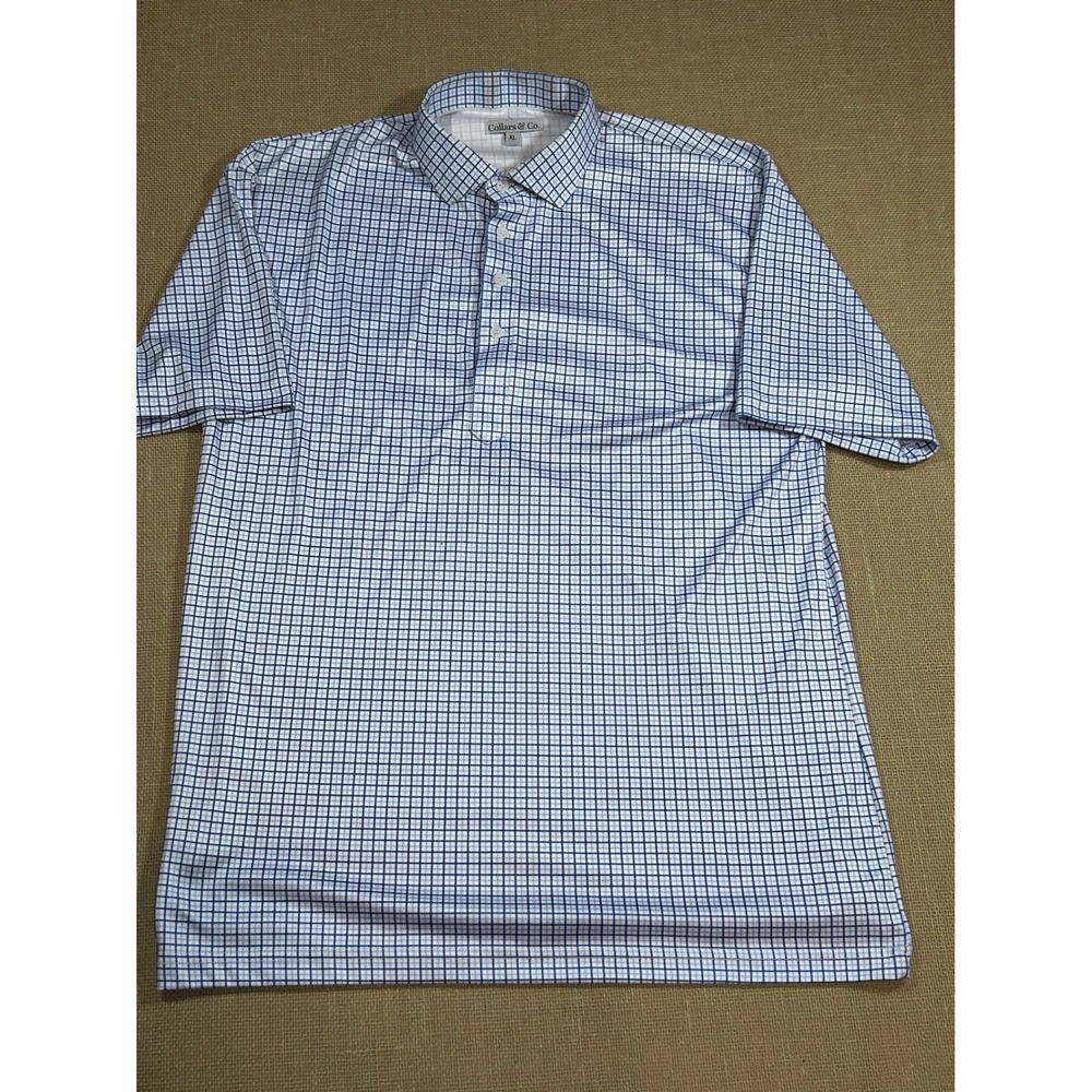 Collars & Co Mens XL Dress Collar Polo Shirt Blue White Grid Performance Golf